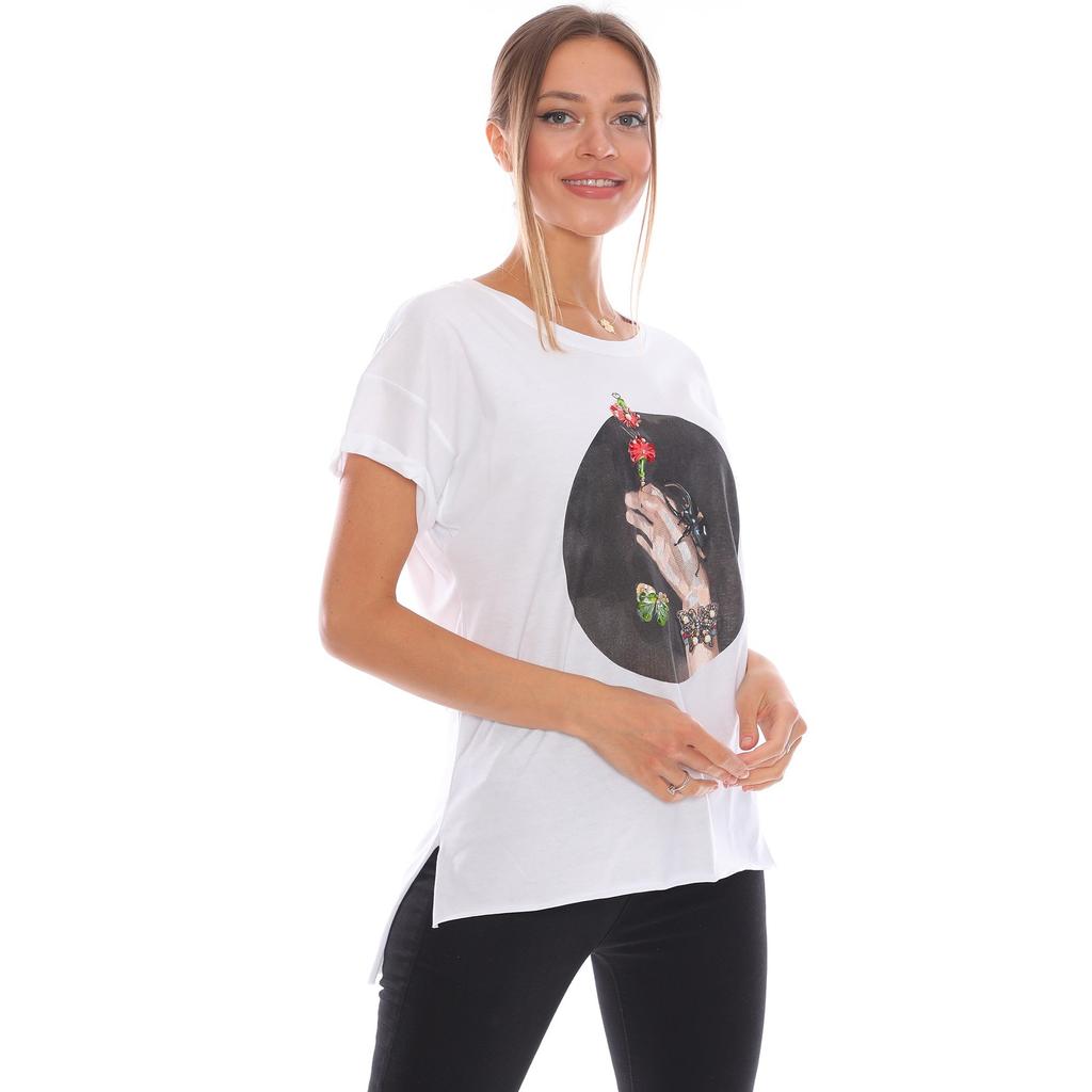 Weißes, lockeres Damen-T-Shirt mit Blumenstickerei und Bilddruck