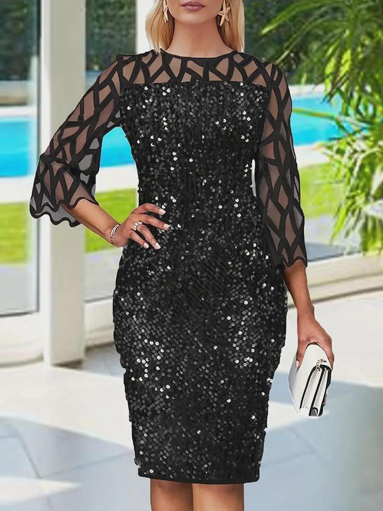 Women's European & American Round Neck Shiny Slim Party Dress with Mesh Three-Quarter Sleeves