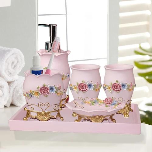 Resin Bathroom Set Toiletries Bathroom 5-piece Set with Rectangular Tray Lotion Bottle Toothbrush Holder Mouth Cup Soap Dish