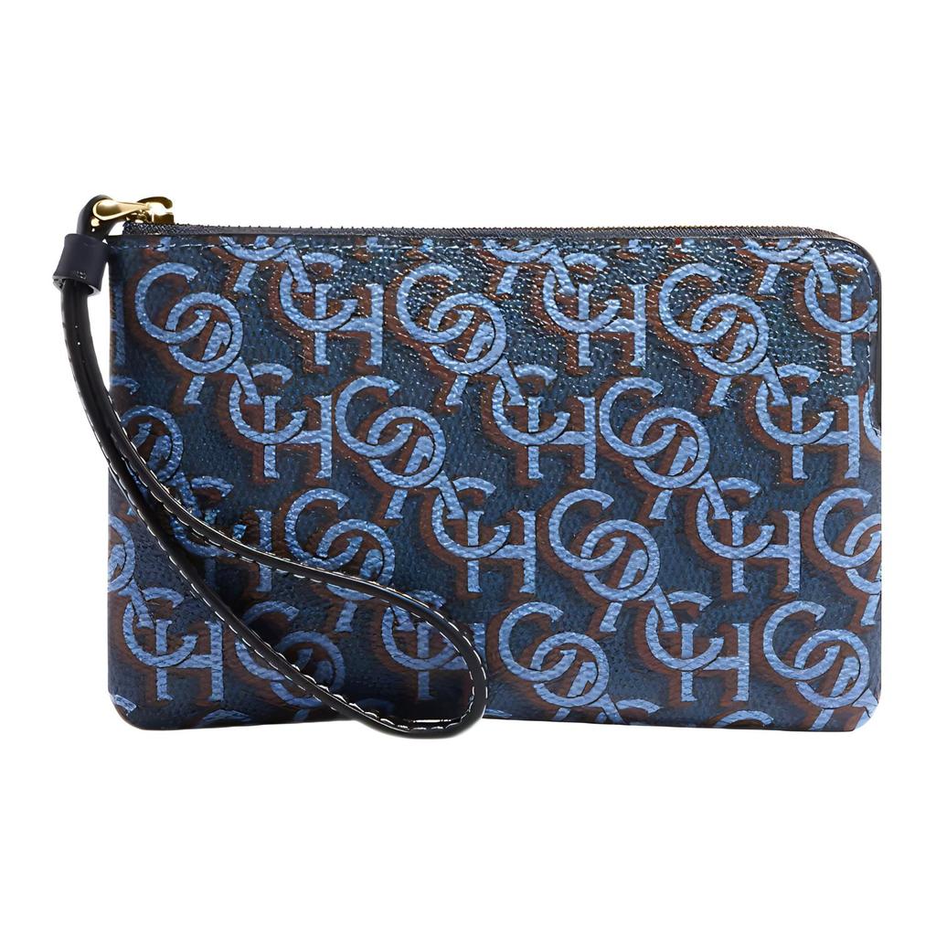 New COACH Corner Zip Canvas With Leather Wrist Bag Clutch Small Women's Marine Blue CF548-IMNAV