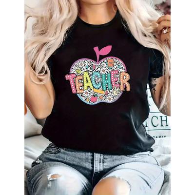 T-shirt Casual da Donna Taglia Europea - Stampa Grafica Geometrica Nera per Ringraziare gli Insegnanti | Tessuto Elasticizzato, Girocollo, Manica Corta, Vestibilità Comoda