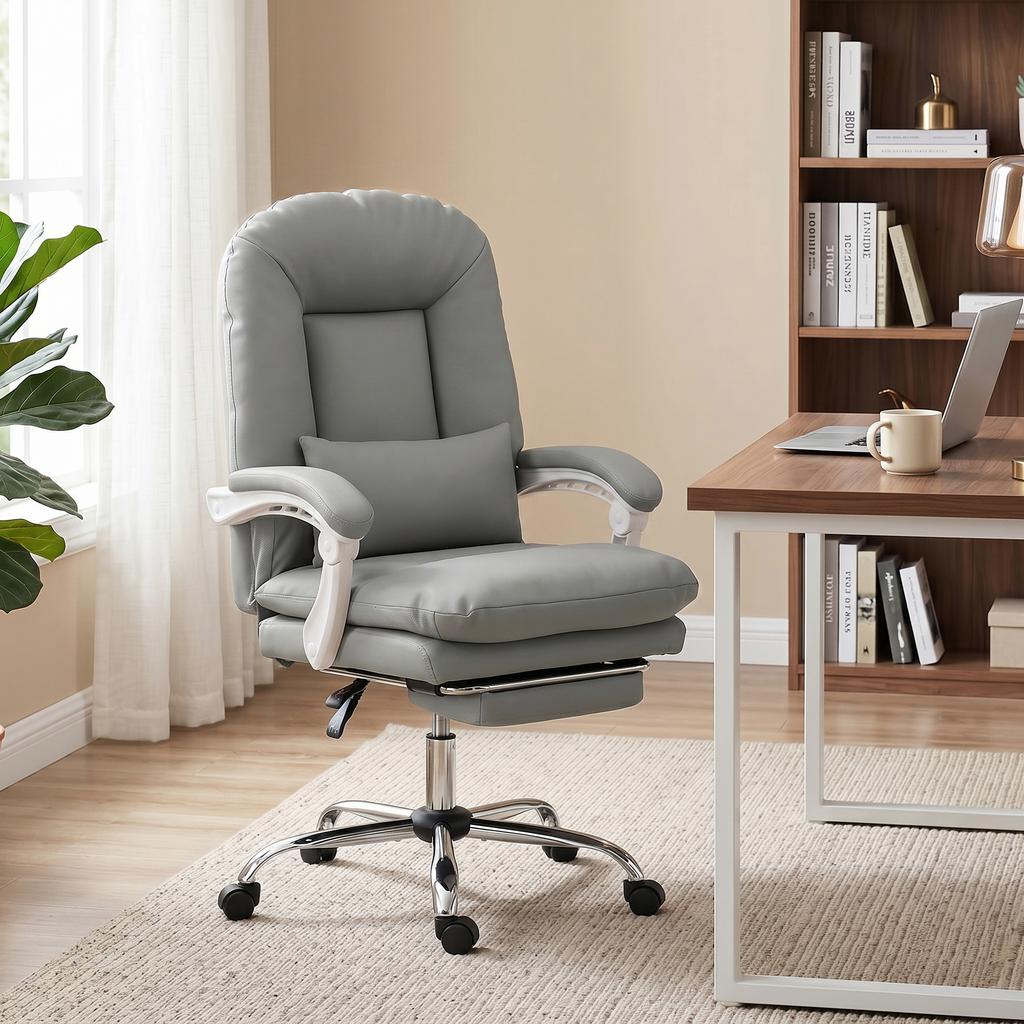 Ergonomic Executive Office Chair, Reclining Desk Chair with Lumbar Support, Footrest, Plush Thick Cushion, Grey