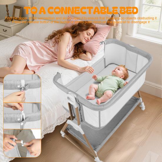 Height Adjustable Bedside Crib 3 In 1 Baby Bassinet Rocking Bassinet with Soft Mattress Wheels Bassinets 6 Adjustable Easy Folding Portable