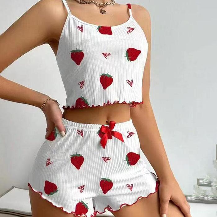 Women's Strawberry Love Heart Print Pajama Set - Casual Camisole & Shorts Lounge Outfit Two Piece