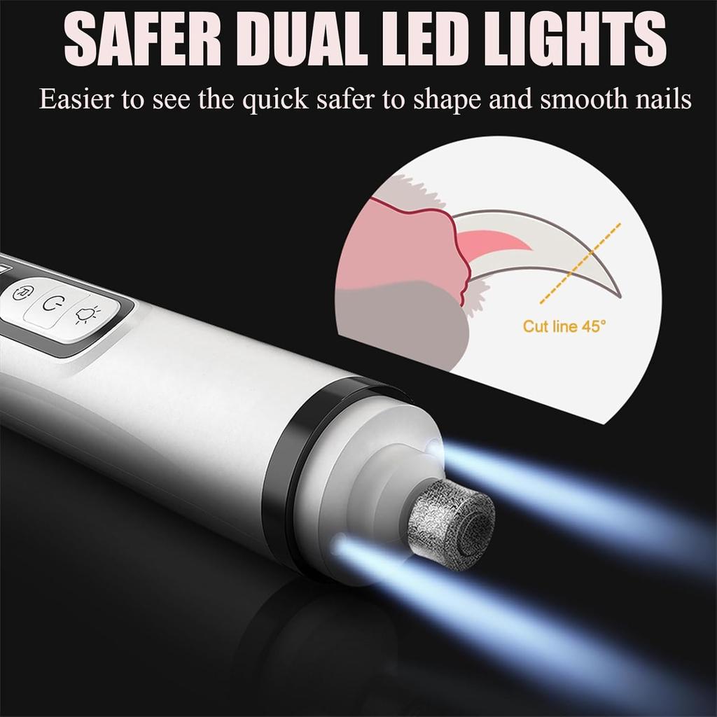 Nail Grinder, 2025 Upgraded Silent Nail Grinder for Dog Cat with LED Light & 3 Speeds, USB Charge with Replacement Grinding (1 Pc + 2 Replacement Head