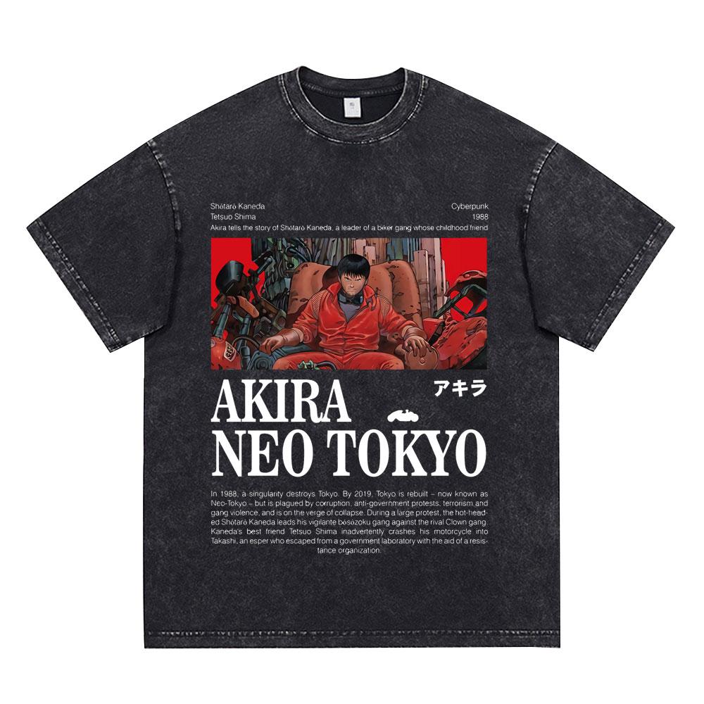 Anime Akira Vintage Washed T Shirt 90s Science Fiction Movie Shotaro Kaneda Short Sleeve T Shirts Cotton Casual Loose T-shirts