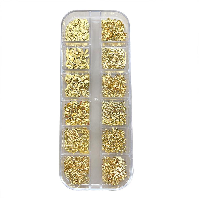 12 Grids Christmas Metal Slice Xmas Tree Snowflake Lollipop Gear Star Gold Silver Nail Art Sequins Decorations Manicure Charms