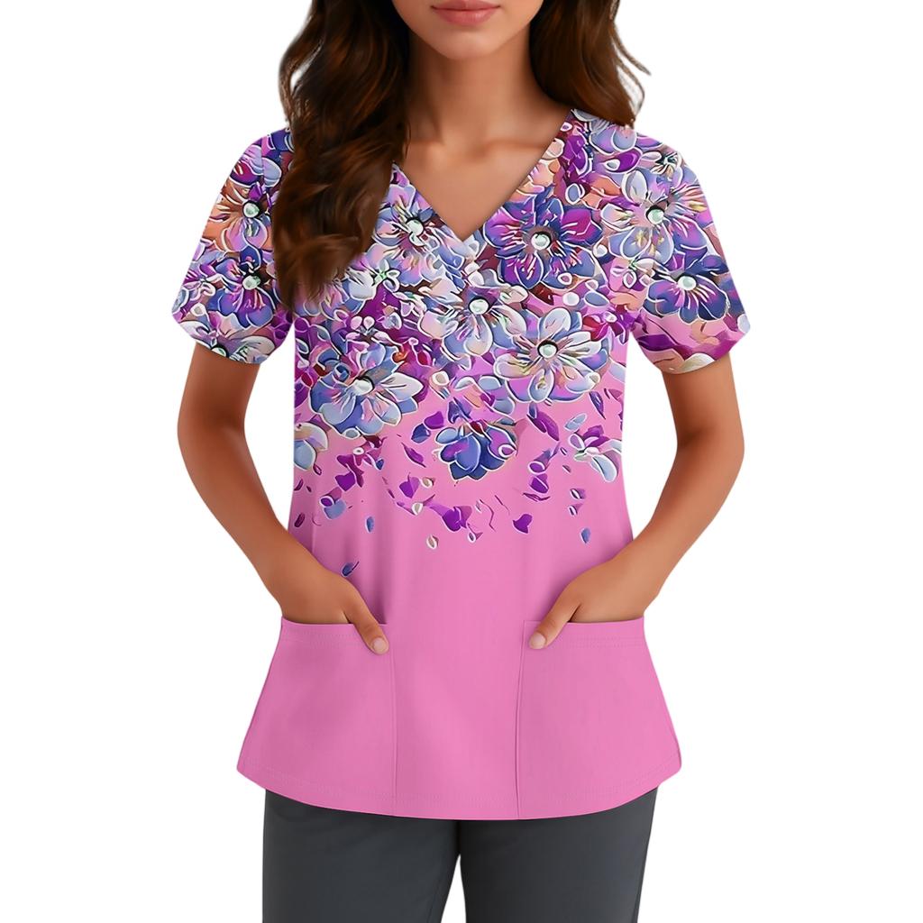 Women's Cute Bow Printed Work Clothes V-neck Double Layer Pockets Basic Short Sleeve Top Pullover