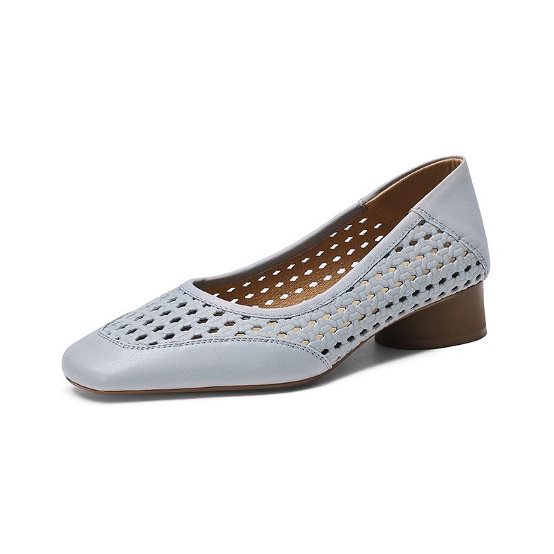 Fashion Design Temperament Hollow High Heel Shoes Women's Summer Leather Square Head Shallow Mouth Shoes Women Zapatos Mujer