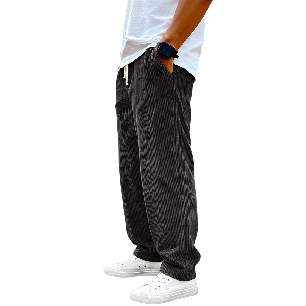 Męskie spodnie sztruksowe w stylu vintage | Elastyczny pas ze sznurkiem, luźny prosty krój do noszenia na co dzień