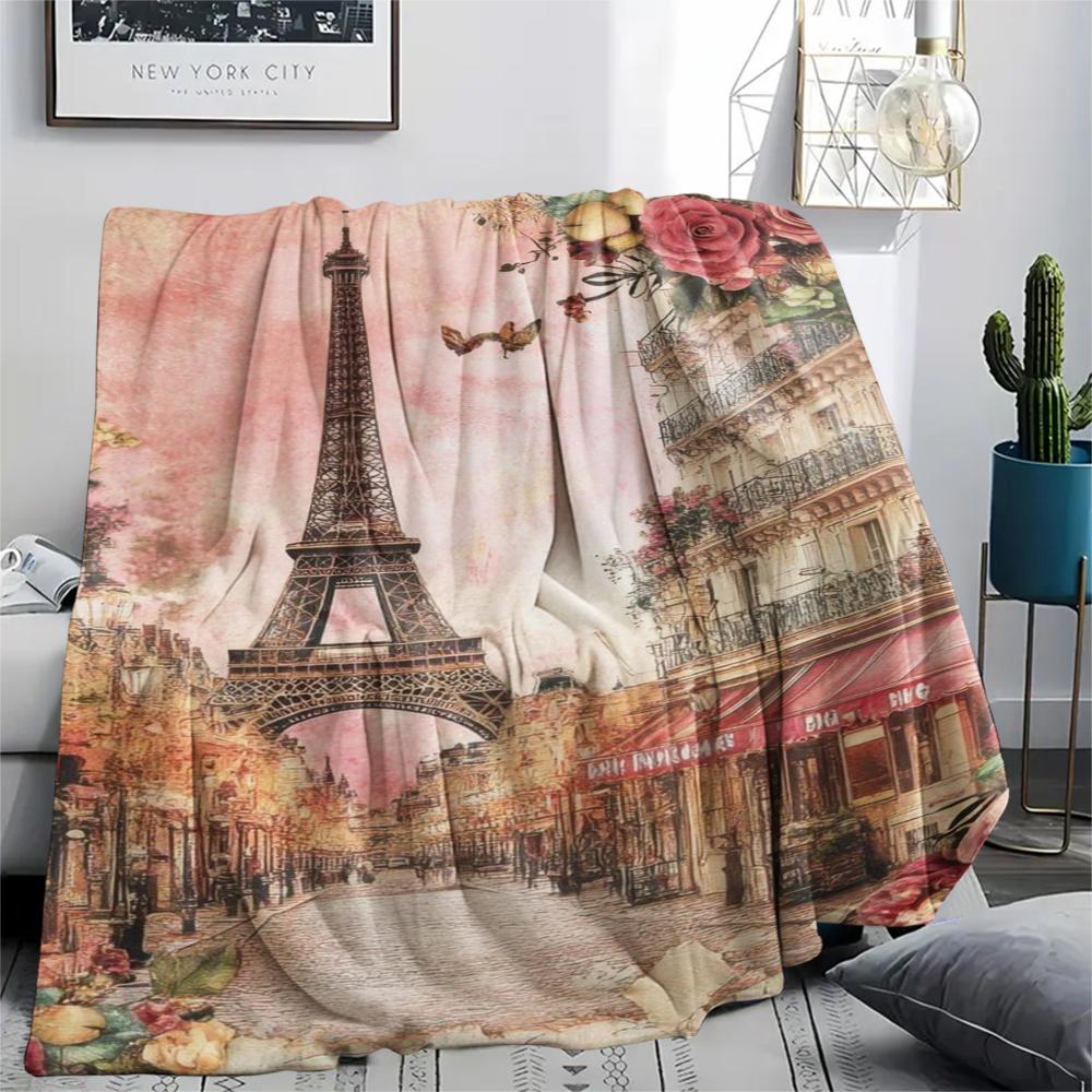 1Pc Eiffel Tower Art Print Flannel Blanket, High quality Comfortable for All Seasons, Home Decor, Warmth and Comfort, Perfect for Gifts