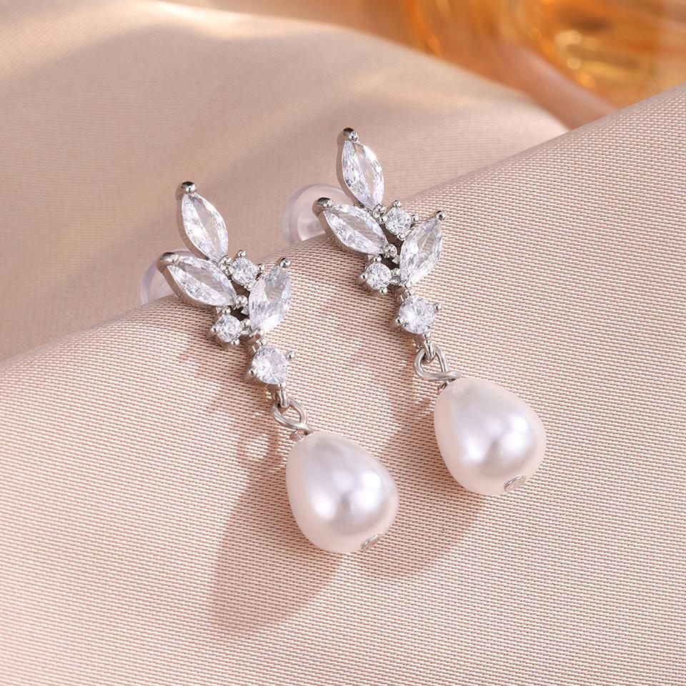 ZAKOL Classic Zircon Pearl Bridal Earrings for Women Shiny Leaf AAA CZ Crystal Gorgeous Wedding Party Jewelry
