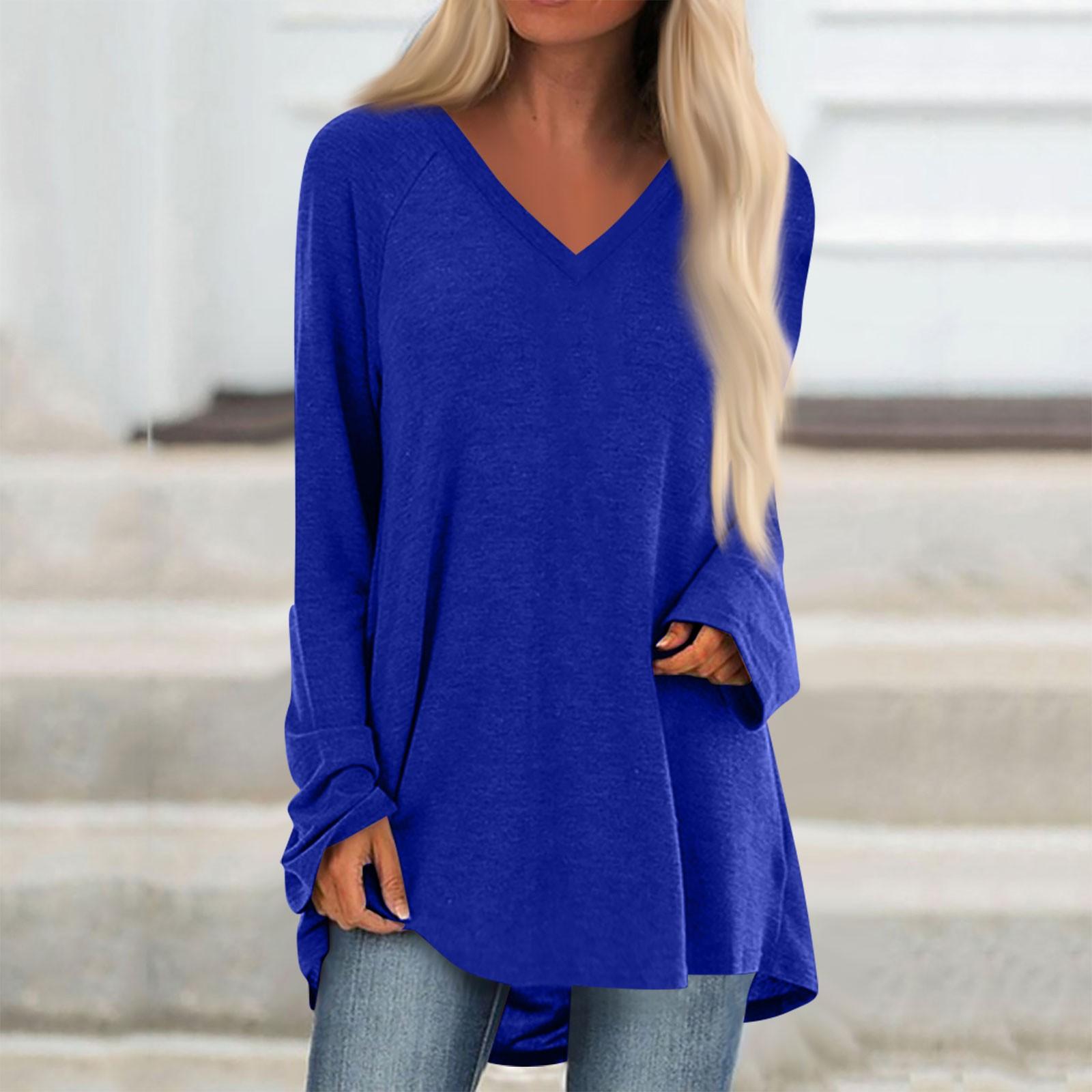 

Женская осенне-зимняя однотонная повседневная длинная свободная футболка с v-образным вырезом и длинными рукавами S