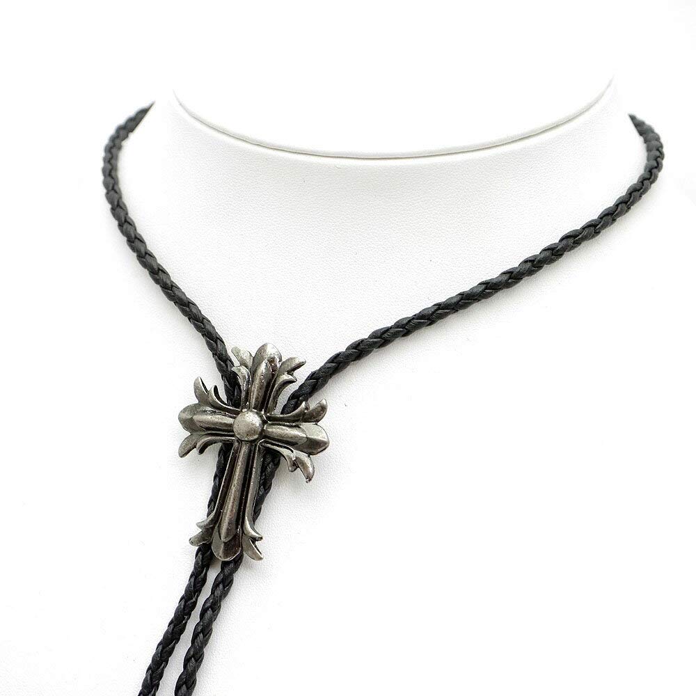 Skórzany krawat z pętelką, kwiatowy krzyż, skórzany naszyjnik choker SM, czarny, jeden rozmiar pasuje do większości, krawat [srebrny], męski