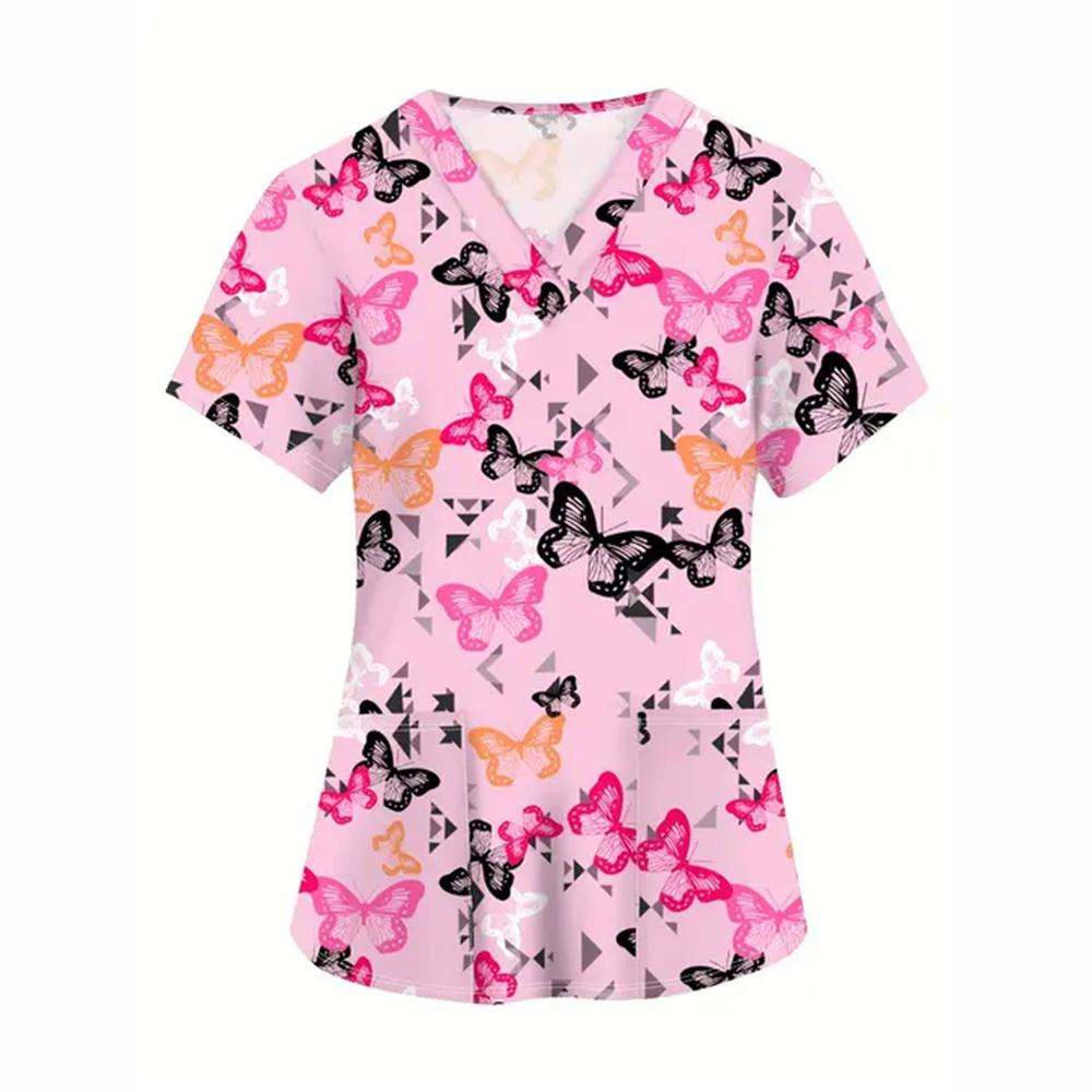 Scrubs Medical Uniforms Woman Fashion Floral Print Dental Nurse Tops V-Neck Short Sleeve Patch Pocket Tees Nurse Uniform Woman