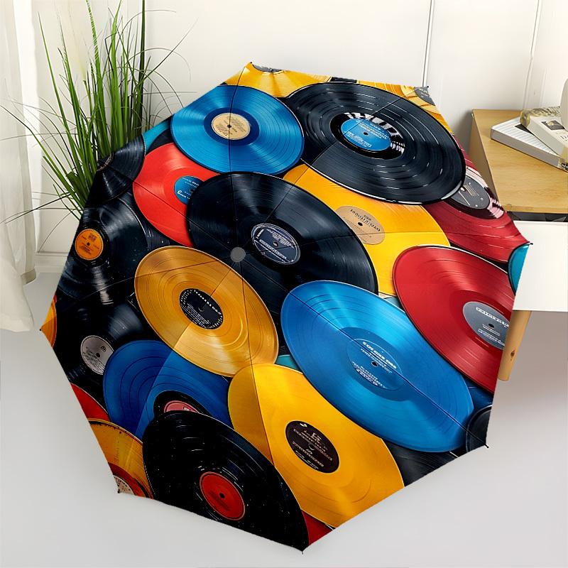 

Vinyl Records, Music Collection Themed Automatic Opening and Closing Umbrella, Brightly Colored 8-rib Portable Umbrella, Suitable for Men an
