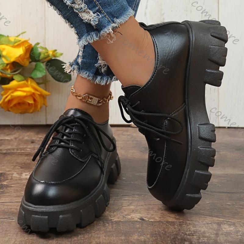 Comemore Thick Bottom British Style Leather Shoes Women 2025 Autumn New Loafers Round Head Lace Up Casual Black Platform Pumps