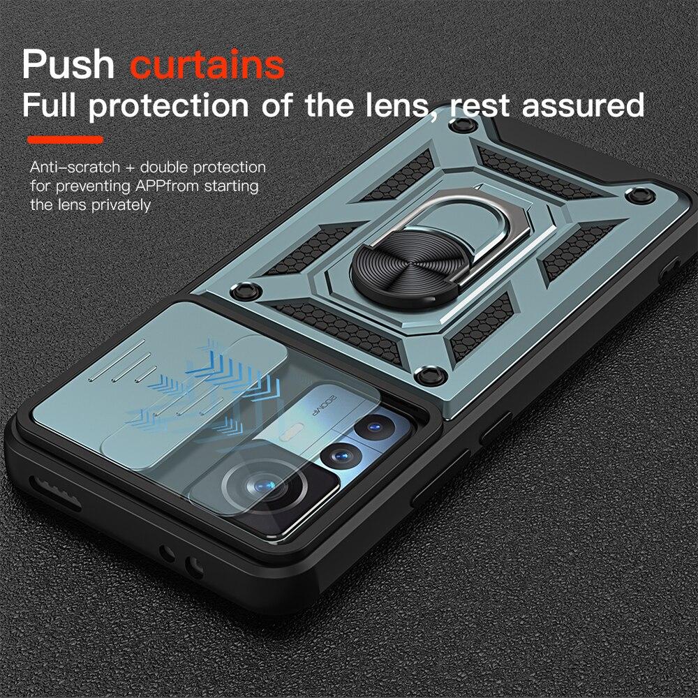 KEYSION Shockproof Case for Xiaomi 12T Pro 5G Push Pull Camera Protection Ring Stand Phone Cover for Redmi K50 Ultra