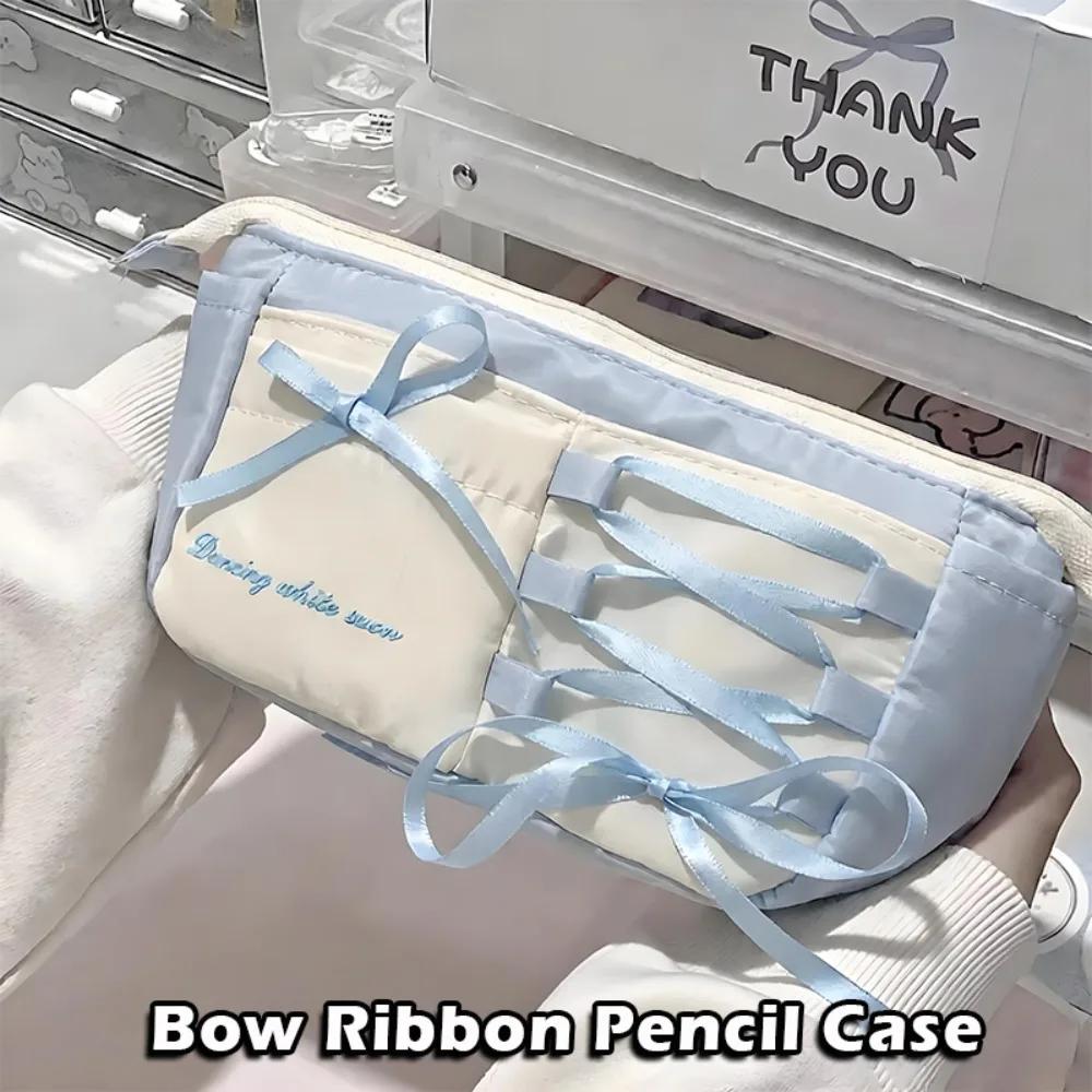 Portable Blue Ballet Style Pen Bag Bow Ribbon Large Capacity Pencil Case Stationery Bag Back To School Gift