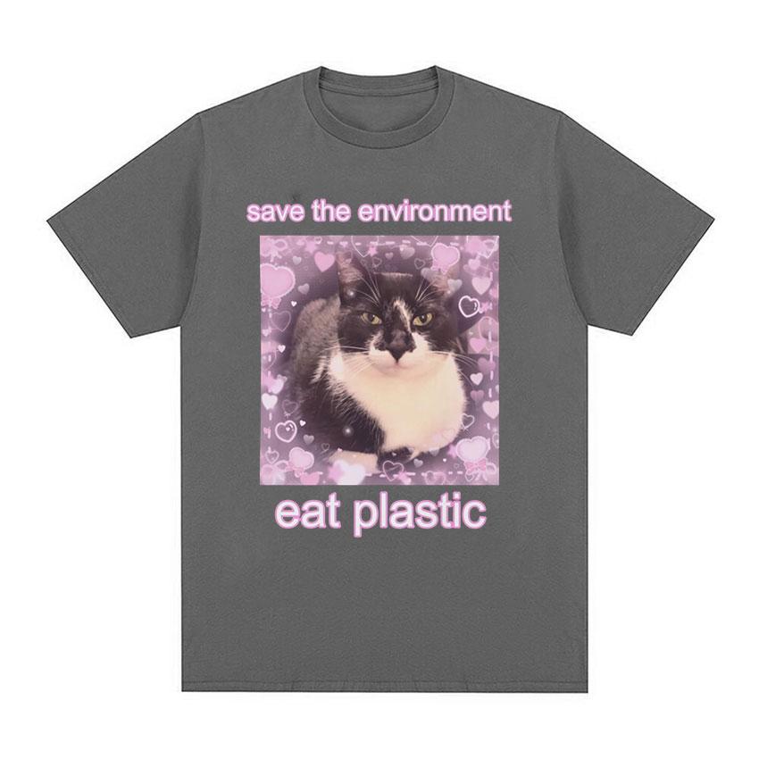 2025 Summer Save The Environment Eat Plastic Cute Cat Graphic T Shirt Funny Men Women O-Neck 100% Pure Cotton Printed T-shirt XL