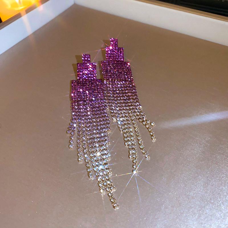 Glamorous Rhinestone Tassel Earrings - Geometric Design, Light Luxury, High-End Style for Women
