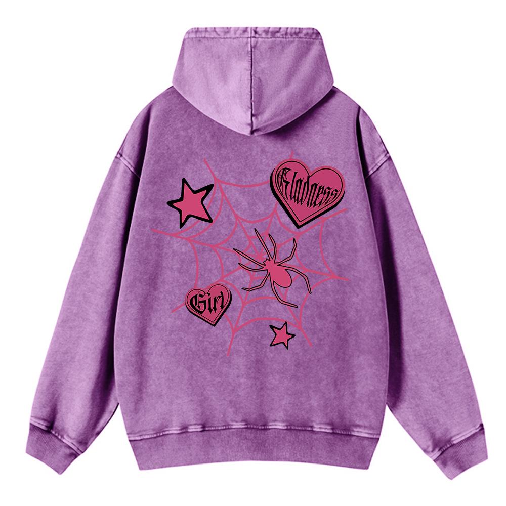 Vintage Womans Acid Wash Hoodies Spider Star Prints Streetwears Pocket Oversize Cotton Pullovers Autumn Winter Streetwear