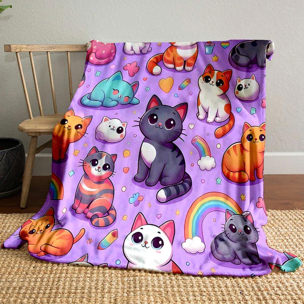 Cute Colorful Cats with Rainbow Patterns Patterned Blanket, Flannel, Suitable for All Seasons, Home Decor, Warm and Cozy