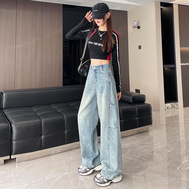 

Женские джинсы карго с широкими штанинами и высокой посадкой - Весенне-осенний приталенный свободный прямой дизайн XS