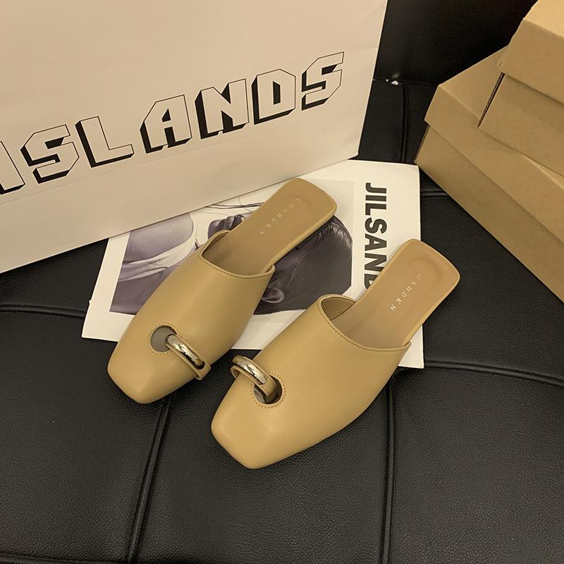 South Korea Dongdaemun Ins Niche Square Head Low Heel Ring Ornament Half Slippers Bag Head Drag Versatile Foreign Style Slippers Outside Wear