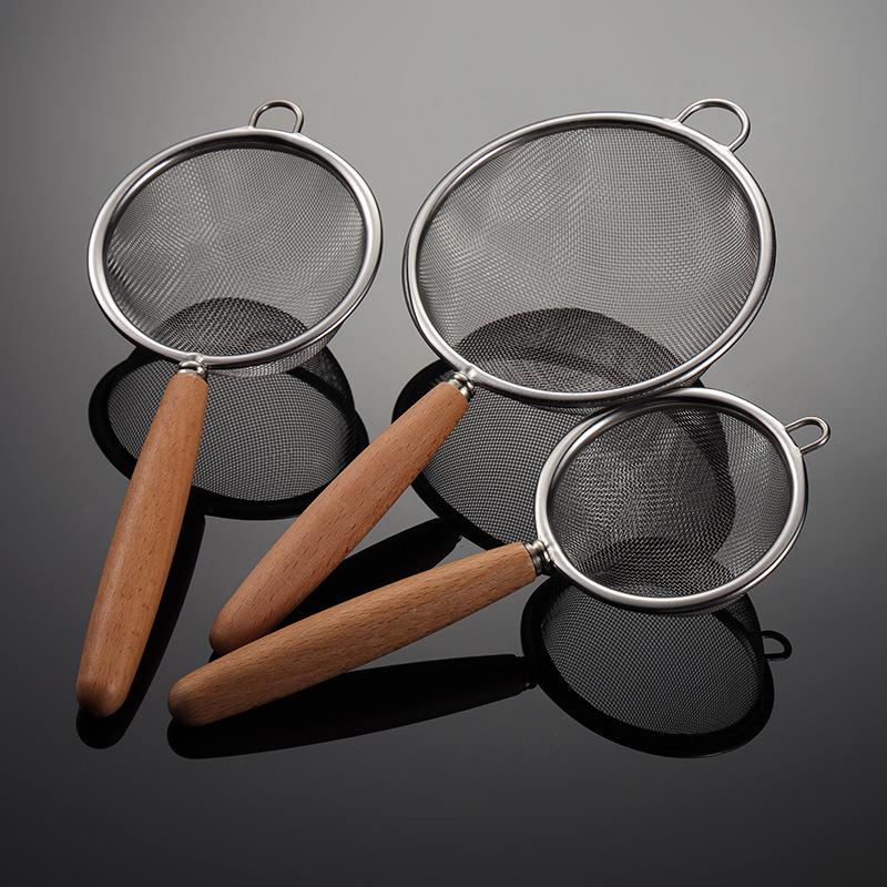 304 Stainless Steel Mesh Strainer with Solid Wood Handle - Multi-Size Flour Sifter & Skimmer.
