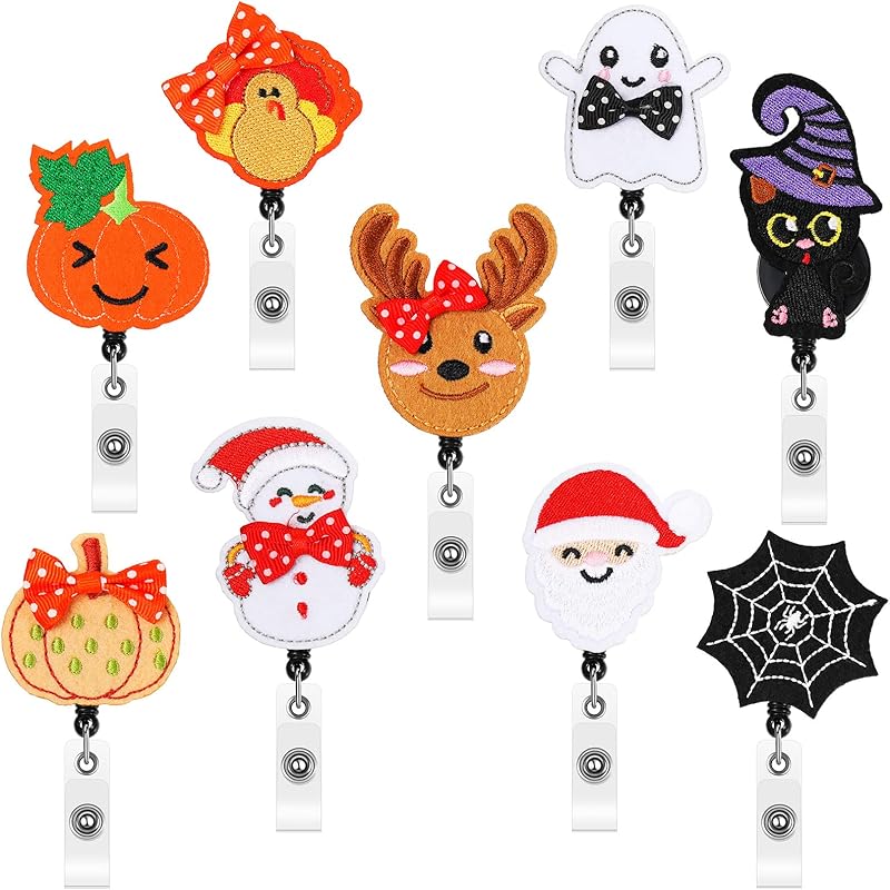 9 Pcs Christmas Holiday Badge Reels Retractable Badge Holder Nurses ID Badge Clip Christmas Tree Snowman Elk Gingerbread Man ID Badge Holder Holiday Style