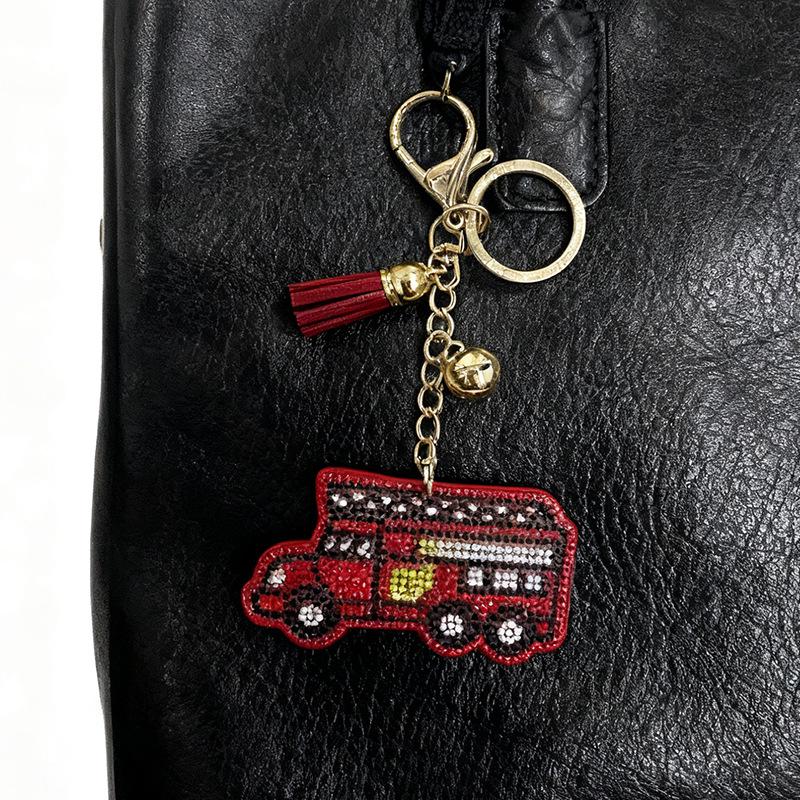 Rhinestone Fire Truck Keychain with Tassel - Fashionable Metal Bag Pendant