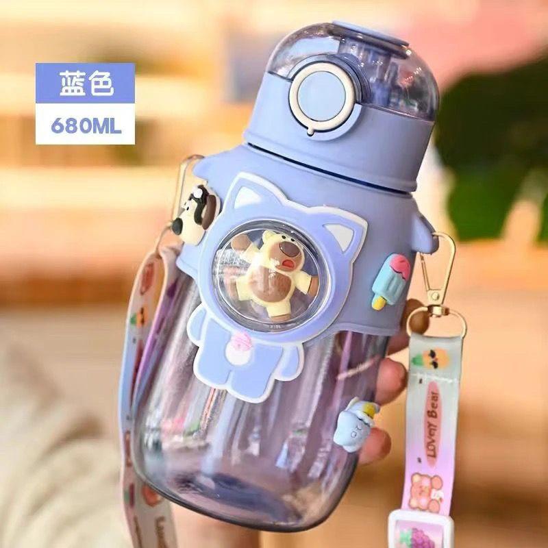 Water bottle summer cartoon children's plastic cup large capacity cute bear plastic cup student gift straw kettle high value cup