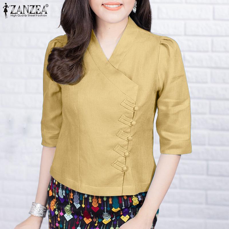 ZANZEA Women Summer V-Neck Solid Color Half Sleeve Blouse