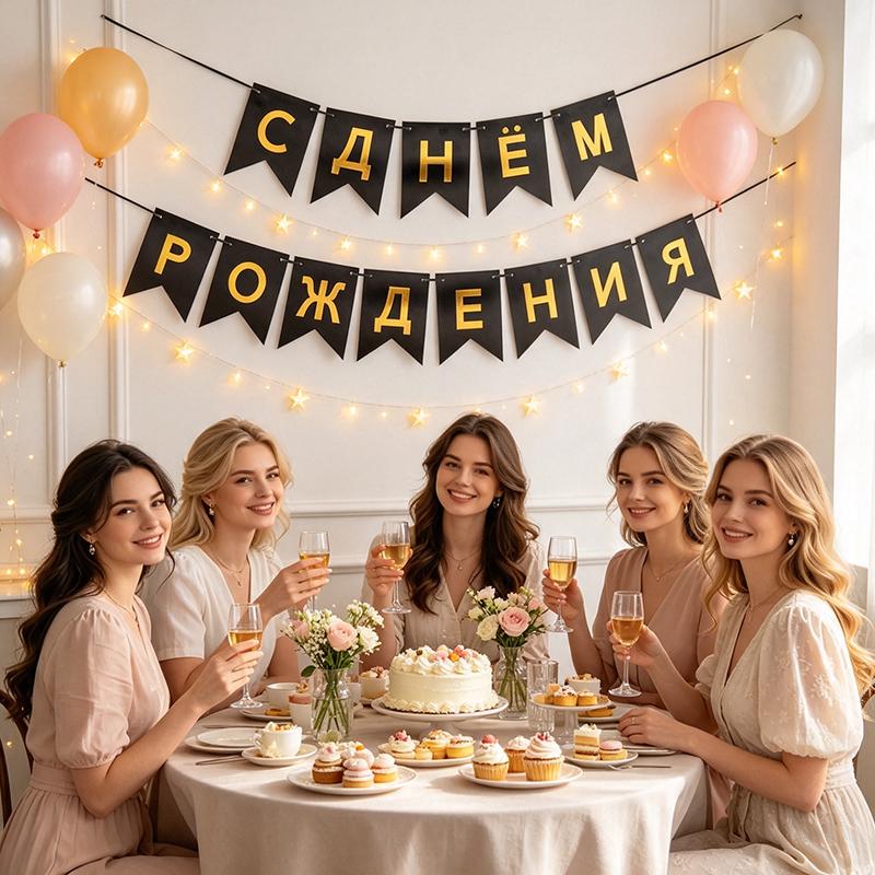 1 Set Birthday Durable Party Reusable Flag Elegant Banner Gold Russian Premium Letter Glitter