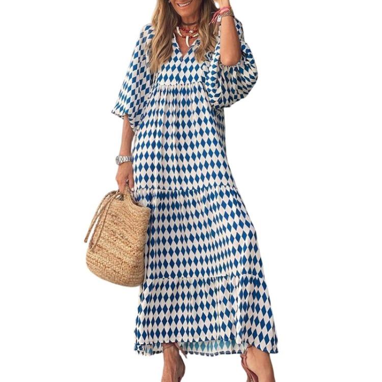 Summer Beach Dress Floral Print Bohemian Long Dress Loose V Neck Fashion Women