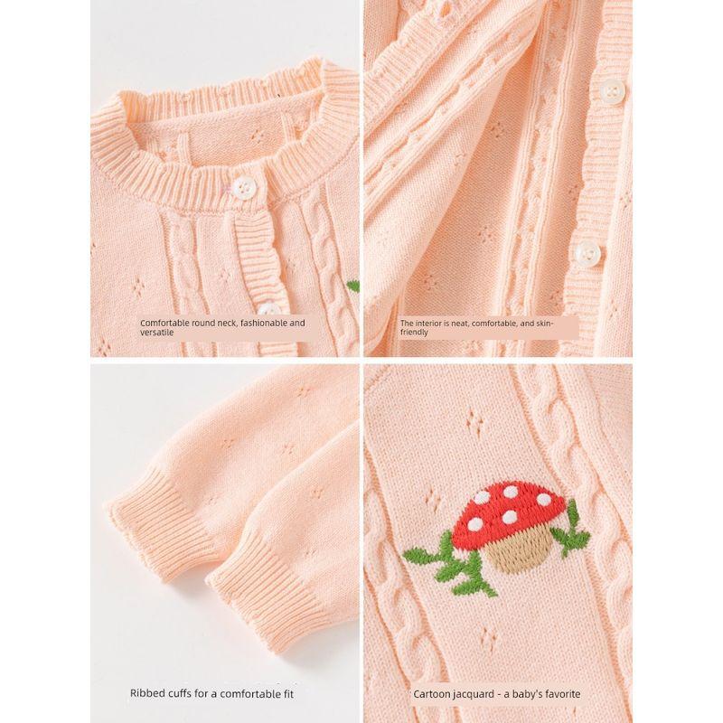 Children's Mushroom Knit Sweater, Girls' Cardigan with Lace Collar, Baby Girl's Long-Sleeved Coat, Spring and Autumn Children's Clothing