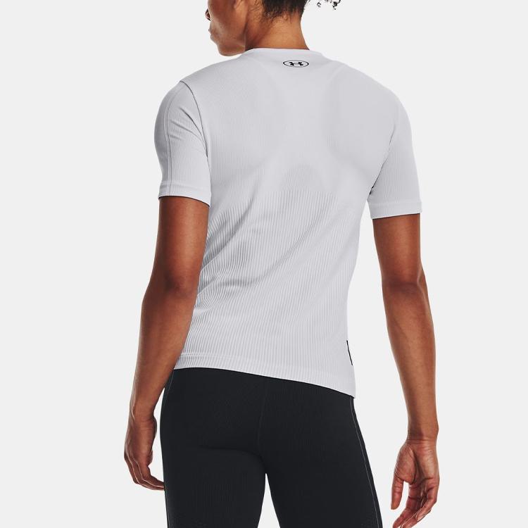 Under Armour Rush Series Seamless Solid Color Logo Embroidered Round Neck Short Sleeve T-Shirt Women Tops White 1373929-100