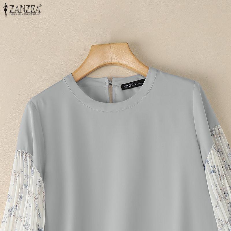 ZANZEA Women Elegant Floral Splice 3/4 Sleeve Loose Casual Crew Neck Blouse