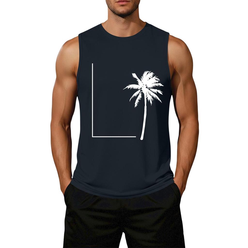 Men's Loose Fit Casual Sleeveless Tank Top Palm Tree Graphic Print Summer Muscle Shirt Lightweight Breathable