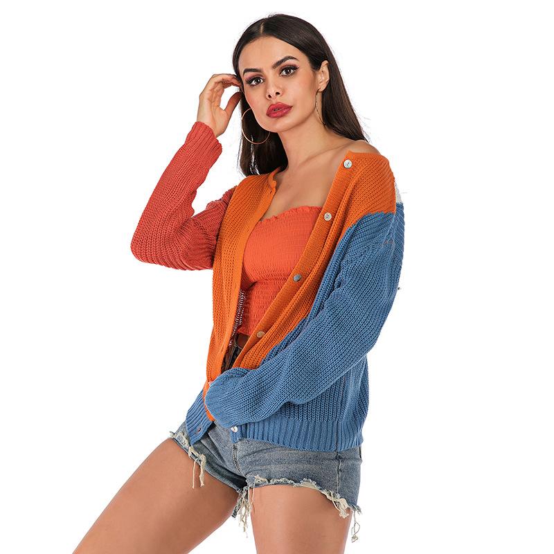 Casual Trend Versatile Autumn Color Clashing Round Neck Long Sleeve Loose Double-sided Knitted Sweater Jacket Women