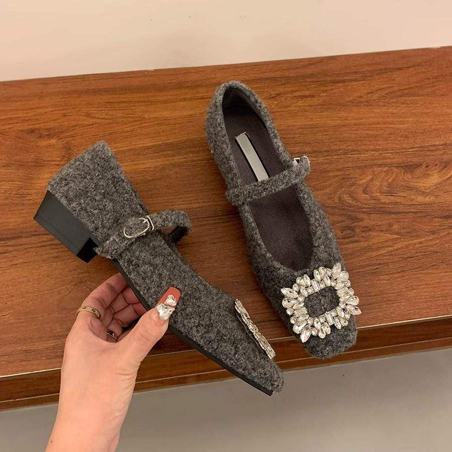 Inner Heightening Rhinestone Suede Black Single Shoes Women's Shoes with Skirts Plush Mary Jane Fluffy Shoes 2025 Autumn and Winter