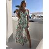 Fashion V Neck Sleeveless Floral Printed Chiffon A-line Dress Elegant Women Vacation Beach Casual Simple Split Party Long Dresses Female Clothing