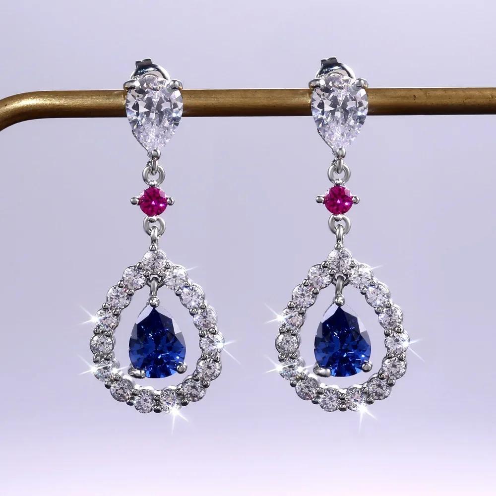 Royal Blue Zircon Oval Earrings Fashionable High-End Design Accessories for Banquets Personalized Simple Zircon