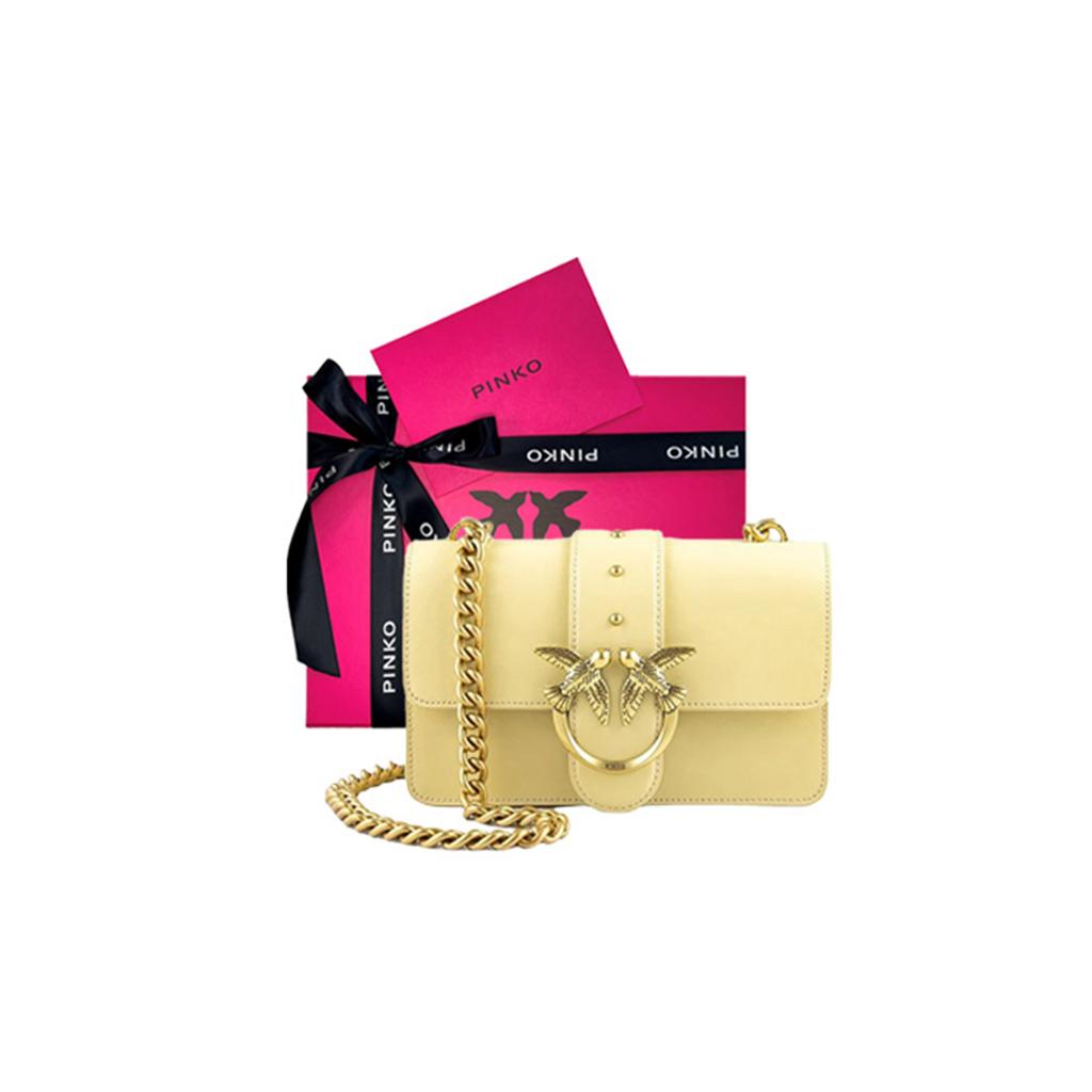 New PINKO SIMPLY Grain Leather Swallow Bag, Chain Bag, Crossbody Bag, Shoulder Bag Mini Women's Beige Yellow 1P22JJ-Y7SP-C38Q