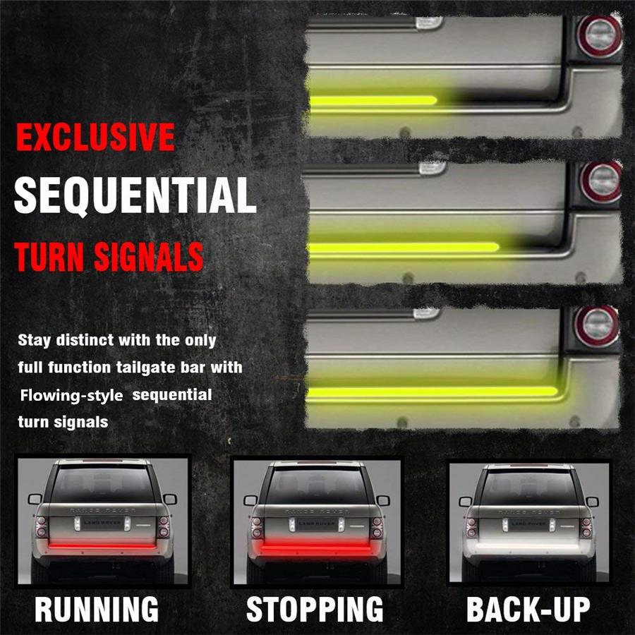 60" Triple Row LED Tailgate Light Bar with Amber Turn Signal/Double Flash, Red Brake/Running, White Reverse Lights - Weatherproof