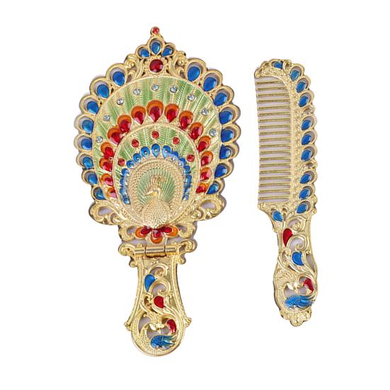 Vintage Folding Hand Mirror with Carved Comb Portable Travel Long Handle Metal Makeup Mirror Women Decorative Handheld Desk Vanity Mirror