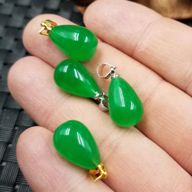 Taiwan Jade Water Drop Pendant Necklace - Green Quartzite Jade Gold 10x15 mm