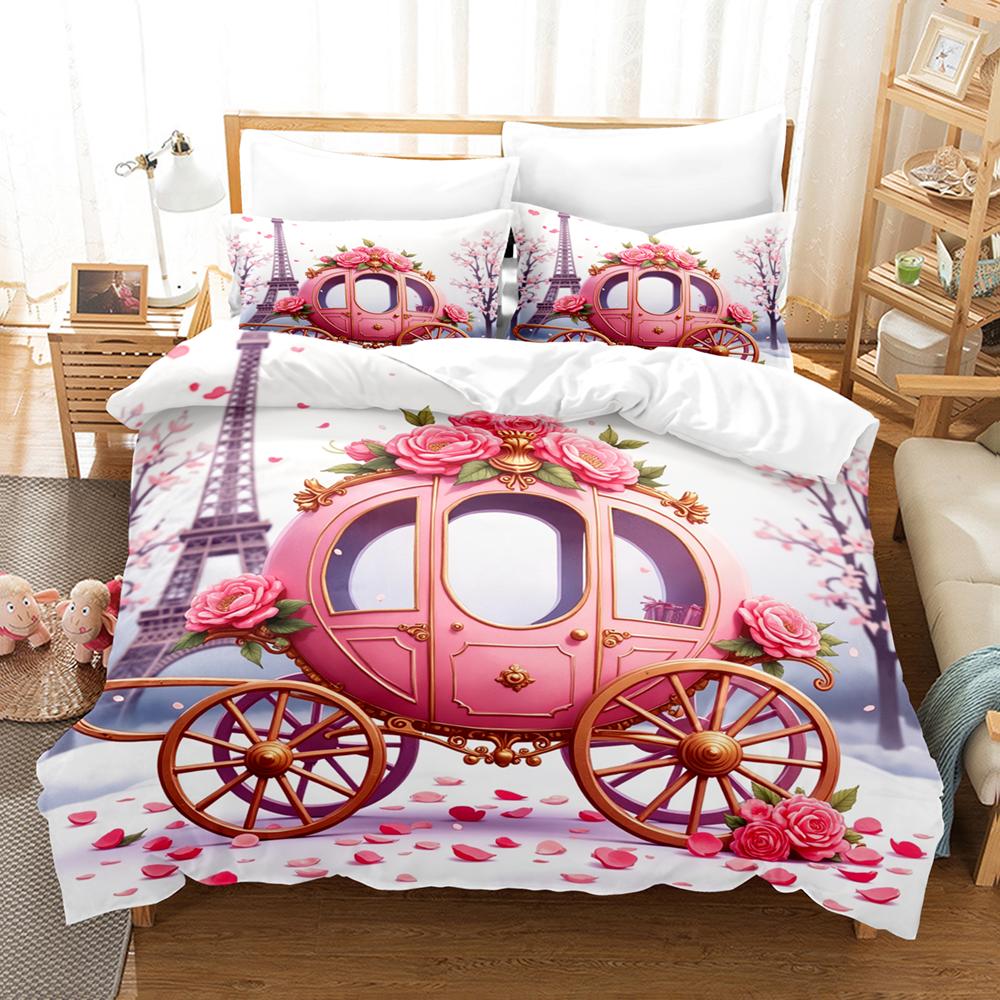 Rose Eiffel Tower Print Pattern Polyester Bedding Set - Soft and Comfortable,  Home Decoration,King,Queen Size,Valentine's Day