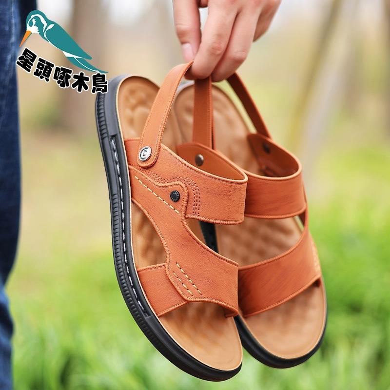 

2025 summer new star-headed woodpecker men s sandals leather soft-soled casual sandals dual-purpose sandals 44
